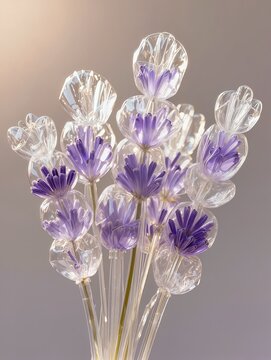 A delicate bundle of lavender flowers recreated from transparent inflatable plastic, many tiny inflated flower clusters attached to slender stems, realistic wrinkles and subtle glossy highlights