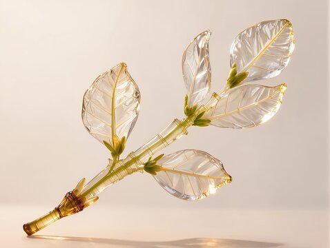 A newly graceful young spring branch made from transparent inflatable plastic, slender curved stem covered with emerging translucent leaves and tiny buds, delicate wrinkles and glowing edges
