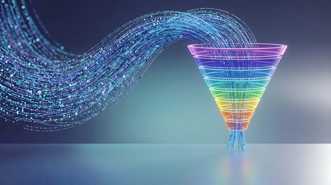 Data funnel visualized with flowing digital streams entering a vibrant, rainbow-colored funnel, representing data processing and analysis