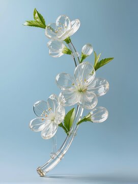 A long elegant flowering branch recreated entirely from transparent inflatable plastic, multiple blossoms and newly opened leaves distributed naturally along the curved branch