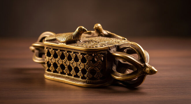 Vintage ornate brass spice box with bird figurines and intricate carvings on wooden surface