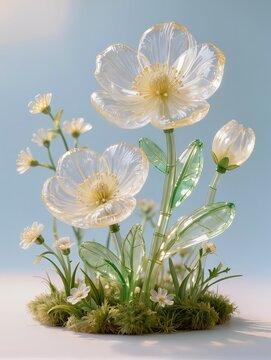 A miniature surreal spring garden recreated entirely from transparent inflatable plastic, several flowering plants, small leaves, grass tufts and delicate blossoms growing organically