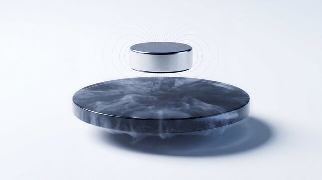 A circular superconducting disc levitates above a magnetic base, surrounded by a cold vapor mist.