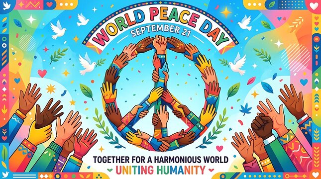 Peace day poster with diverse human hands