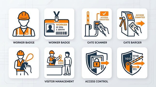 Access control and security management vector icons set featuring worker badge verification gate scanner turnstile entry and visitor registration