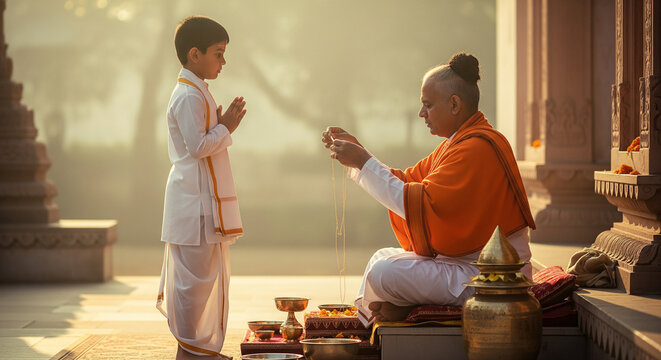 Hindu priest performing a sacred ritual blessing for a young boy in a traditional temple setting
