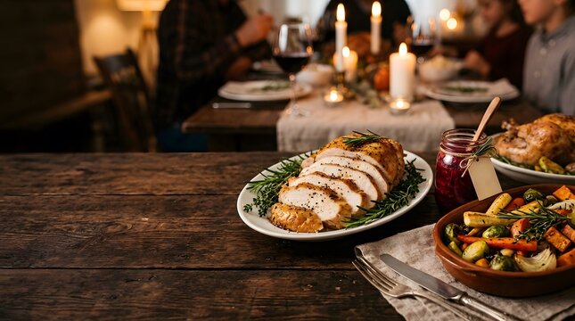 A beautifully set thanksgiving table features a succulent roasted turkey alongside a vibrant medley of root vegetables creating a warm and inviting autumnal feast for