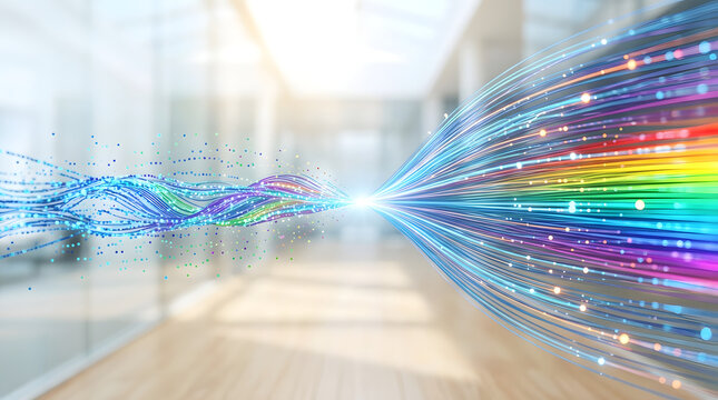 Abstract visualization of digital data streams, representing technology and information flow, with vibrant colors emanating from a central point.