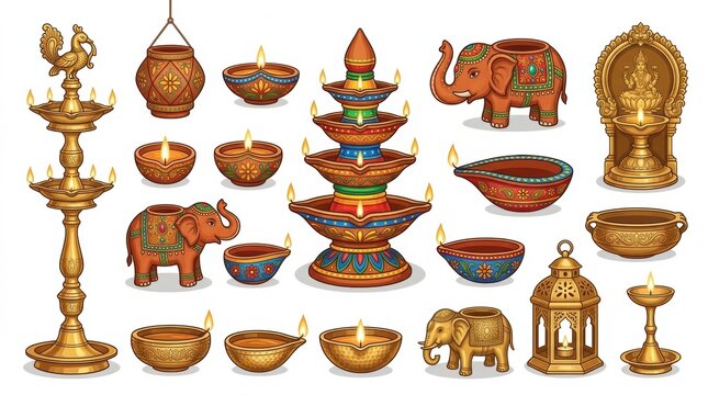 Collection of traditional indian brass oil lamps and decorative statues isolated on a white background for diwali festival celebration