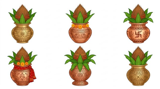 Collection of traditional indian copper kalash pots decorated with mango leaves and coconut for hindu religious festivals and rituals