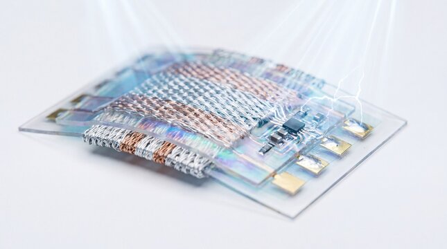 A flexible electronic circuit board with glowing light rays emanating from its integrated surface.