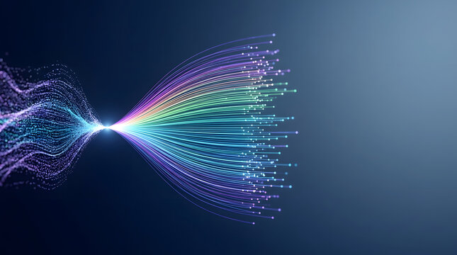 An abstract visualization of colorful light streams converging into a single point on a dark blue background, symbolizing data flow and connectivity