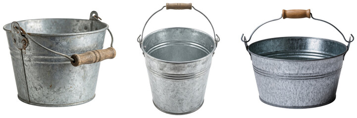 Three galvanized metal buckets with wooden handles, isolated on white background © BinhMai