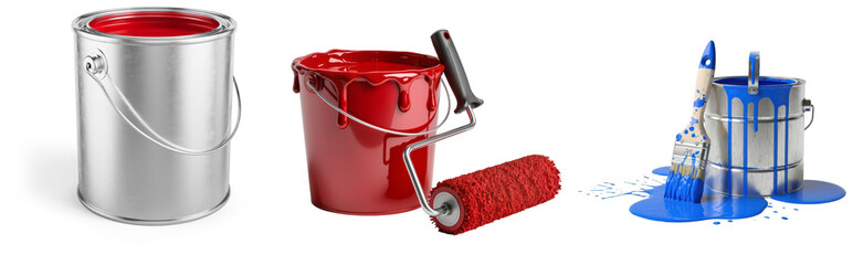 Paint cans with red and blue paint, paint roller and brush, isolated on white background © BinhMai