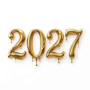 Shiny gold 3 d numbers 2027 with liquid metal drips and droplets, isolated on a plain white background, for new year, celebration concepts