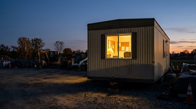 Industrial site office trailer with glowing window at dusk, portable construction cabin on gravel lot during sunset, temporary modular workspace for site management and security