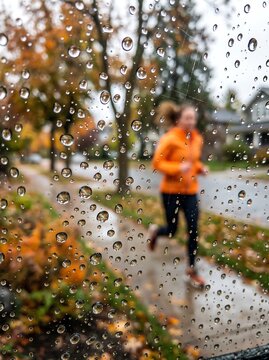 Rainy autumn morning run through glass window with water droplets, blurred female jogger in orange jacket on wet suburban street, moody fall fitness and outdoor exercise concept