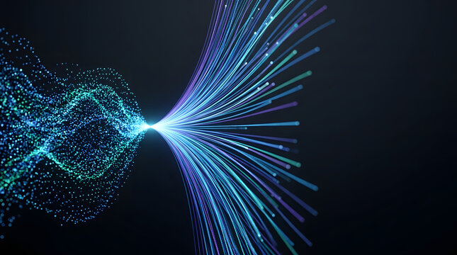 Abstract glowing particles forming a wave on the left and transforming into a stream of lines on the right, with a dark background
