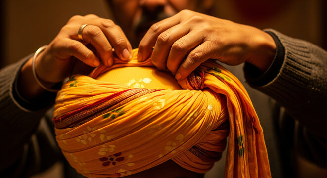 Close-up of hands tying a traditional yellow patterned turban