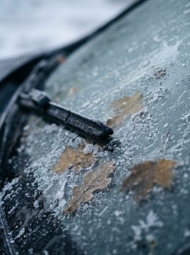 Frozen car windshield with autumn leaves and ice crystals, winter morning frost on vehicle glass with wiper blade, cold seasonal weather concept for insurance and safety.