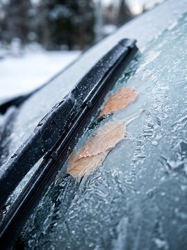 Frozen car windshield with ice crystals and autumn leaves, winter morning frost on vehicle glass with wiper blade, cold weather transportation and seasonal maintenance concept.