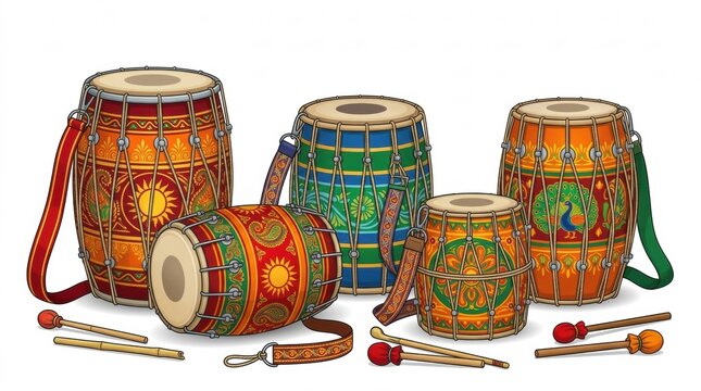 A collection of traditional indian folk drums with colorful hand painted designs isolated on a clean white studio background