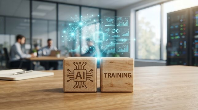 Futuristic digital hologram of artificial intelligence network above wooden blocks in a corporate workplace.