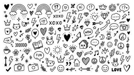 Fototapeta premium Hand-drawn doodles and symbols set with abstract sketches featuring arrows, stars, hearts, geometric shapes, and wavy lines with brush strokes and ink splatters