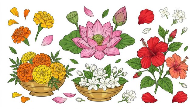 Hand drawn watercolor illustration set featuring vibrant marigolds lotus flowers and red hibiscus blossoms in small woven baskets