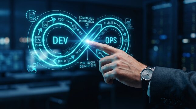 Person touching a glowing DevOps infinity loop diagram representing continuous integration and continuous delivery.
