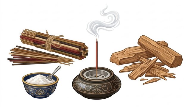 A collection of aromatic incense sticks burning in a holder with raw wood pieces and a bowl of salt