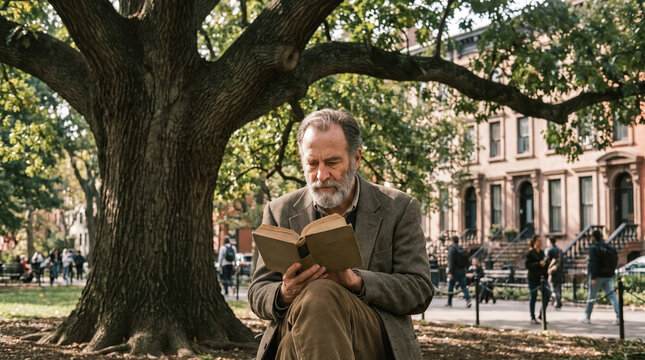 Man reading novel under tree in urban park, thoughtful expression, autumn sunlight, historic buildings, and pedestrians create peaceful literary scene