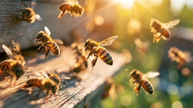 Swarm of honeybees flies near a wooden structure in the warm sunlight.