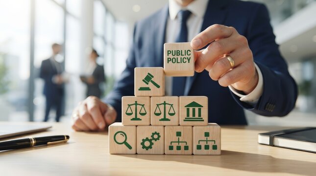 Wooden blocks with legal and public policy symbols being arranged by a professional in a suit.