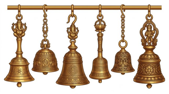 A collection of ornate traditional brass bells hanging from a metal rod isolated against a plain white background