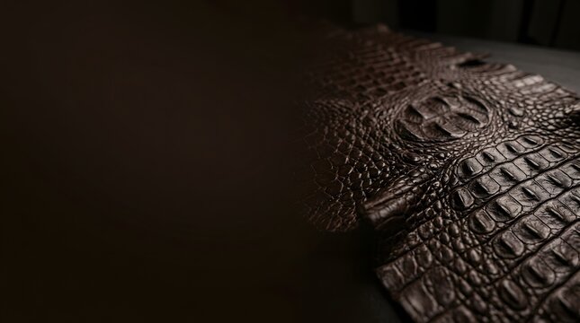 Natural textured brown leather material showcasing intricate patterns resembling exotic animal skin surfaces for high end fashion accessories production and luxury goods manufacturing industry