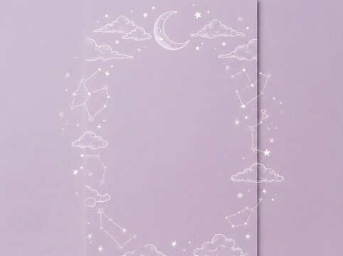 Pastel purple textured paper with celestial line art frame of moon stars and clouds