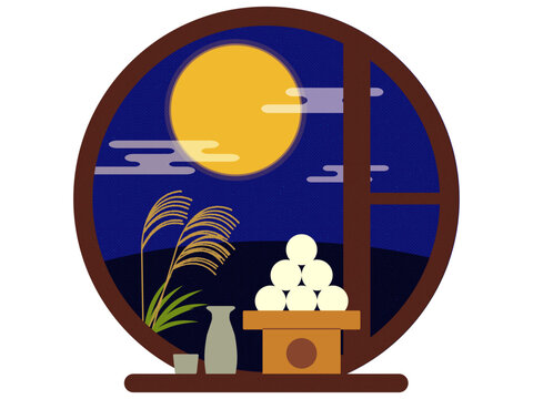 十五夜の月見イラスト 丸窓から望む満月と月見団子とススキの和風背景素材