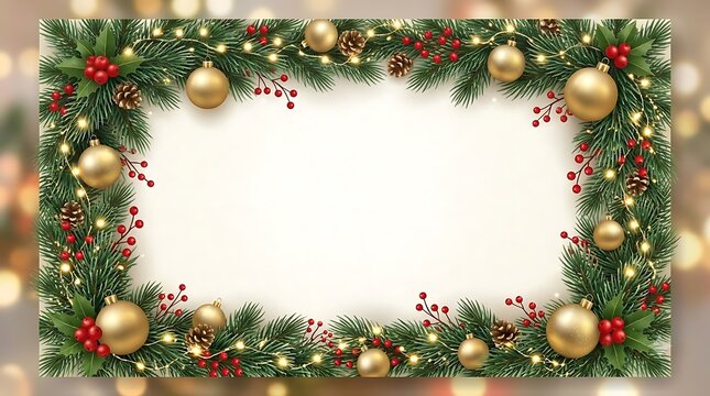 Festive christmas pine border with golden baubles