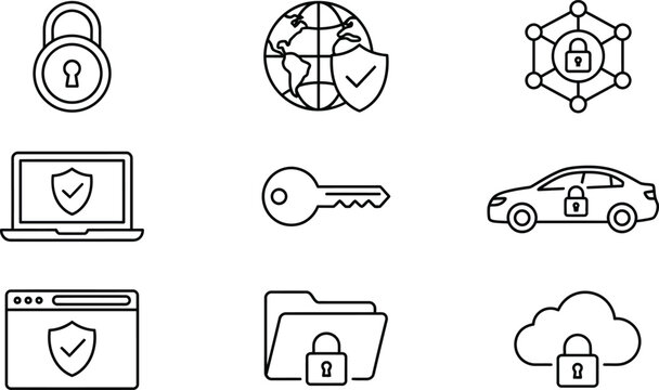 Cyber security thin line icon set featuring data protection web safety cloud lock network privacy and digital defense elements isolated on white background