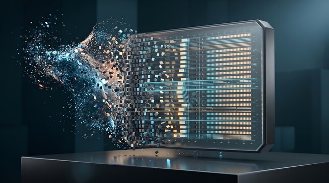 Digital transformation data migration concept with server panel breaking into glowing particles representing cloud computing infrastructure