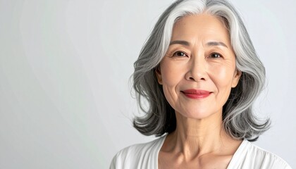 Fototapeta premium Graceful Korean Woman in Her 60s Portrait with Silver Hair on White Background