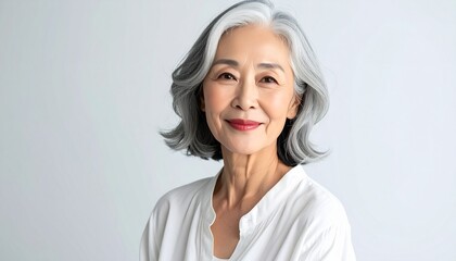Fototapeta premium Graceful Korean Woman in Her 60s Portrait with Silver Hair on White Background