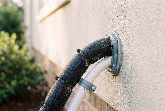 HVAC refrigerant line and condensate pipe entering home exterior wall with weather sealant, professional residential installation detail.