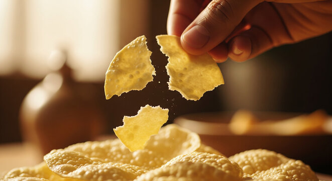 Close up of a hand breaking a crispy golden papadum cracker with crumbs falling