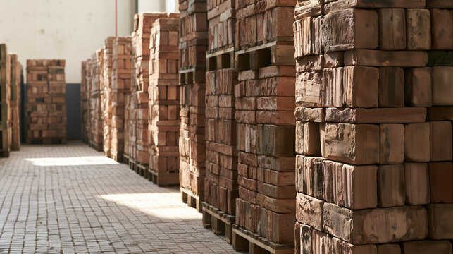 Reclaimed clay bricks stacked for reuse in sustainable construction