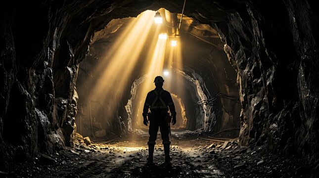 Miner Silhouette Standing in Dark Mine Tunnel with Beams of Light