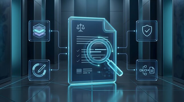 Glowing legal document and magnifying glass in dark datacenter. Concept of corporate governance compliance, and electronic discovery process.