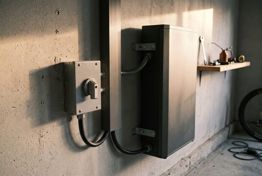 Home battery storage system installed on concrete garage wall with electrical disconnect switch under warm natural light