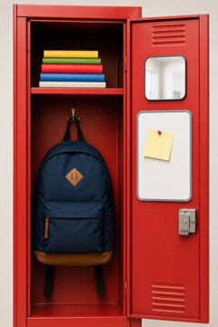Red school locker with backpack and books, ready for the academic year.